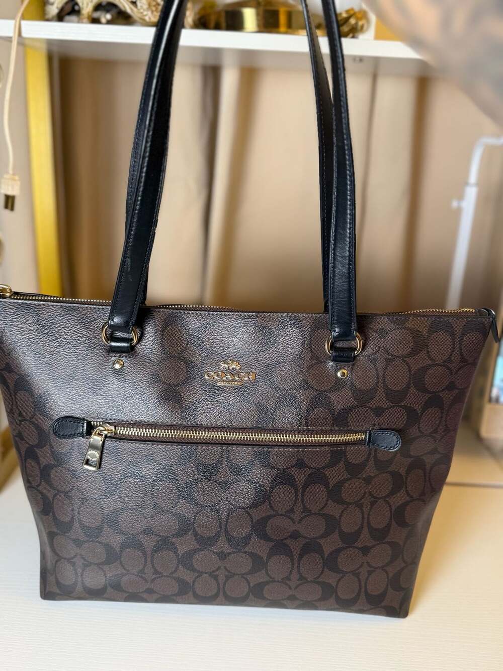 Coach Signature Zip Top Tote Bag Brown Black F79609